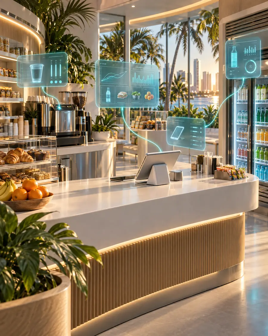 A sunlit store counter with holographic AI panels floating above it