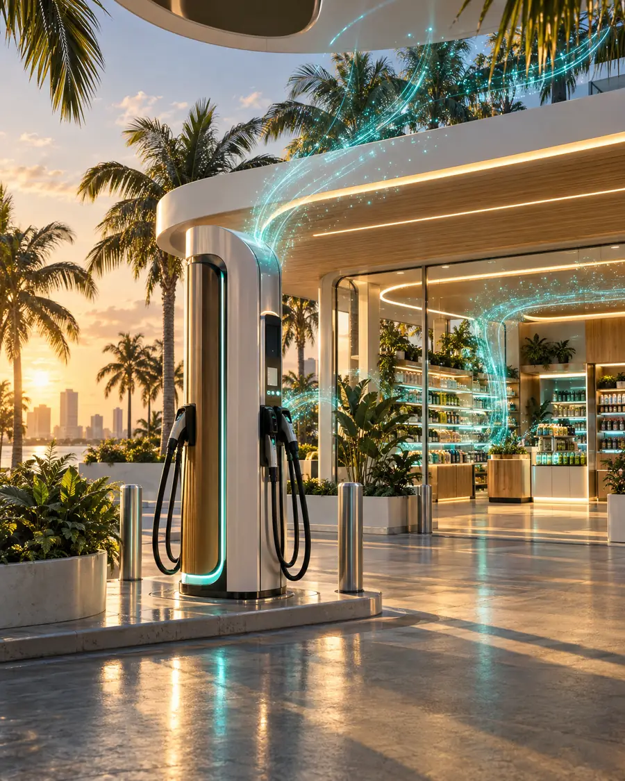A fuel pump streaming lines of light into the store behind it