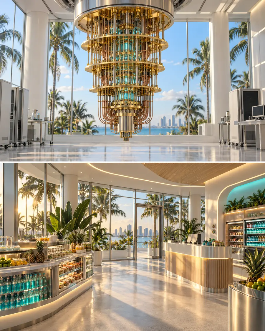 A golden quantum computer in a bright lab with palm trees outside