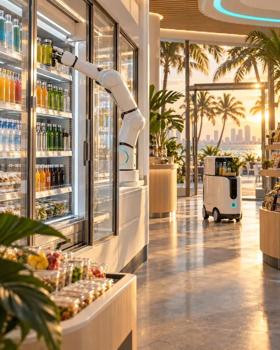 A robotic arm restocking a glowing drinks cooler