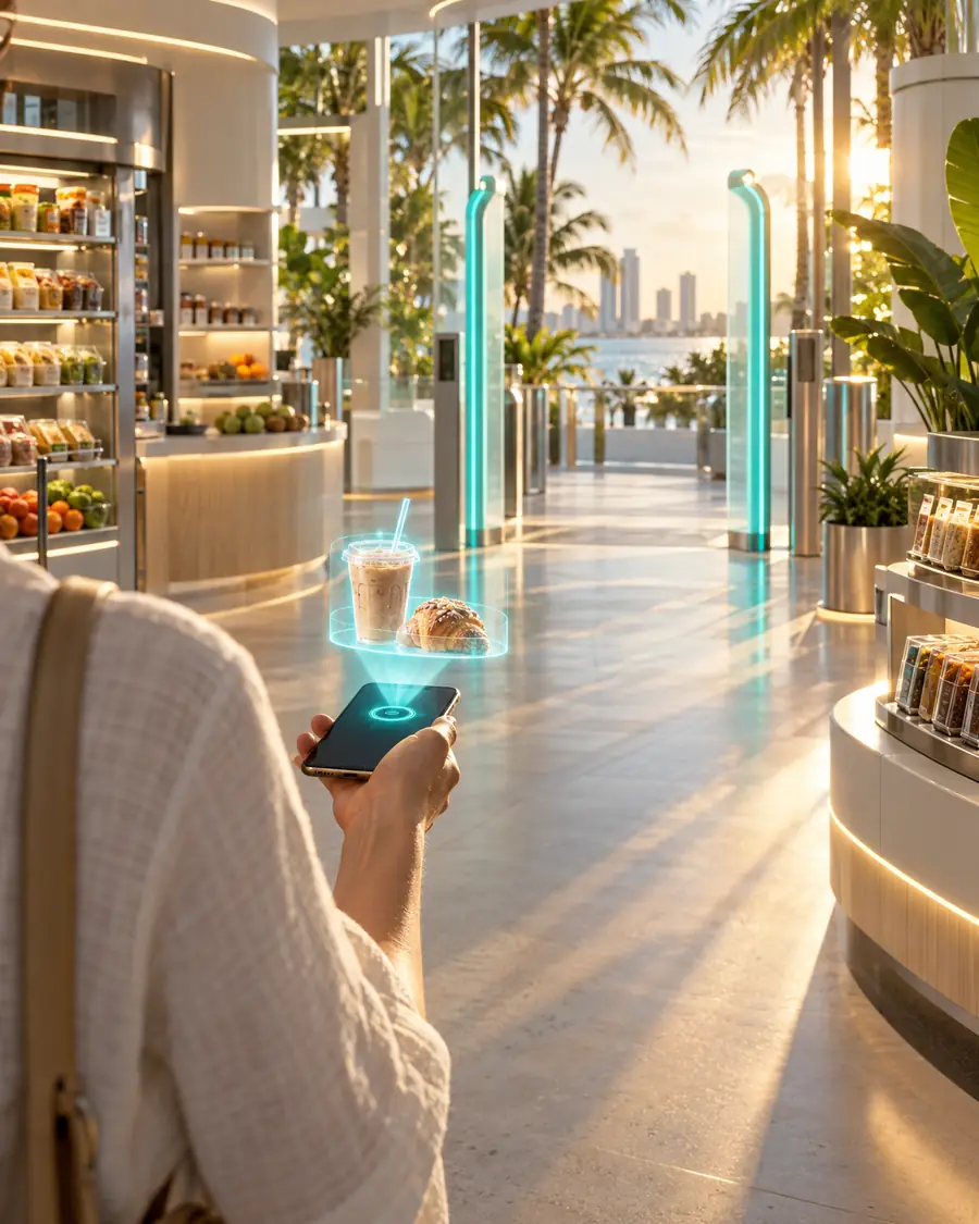 A shopper holding a phone that projects a hologram of an order