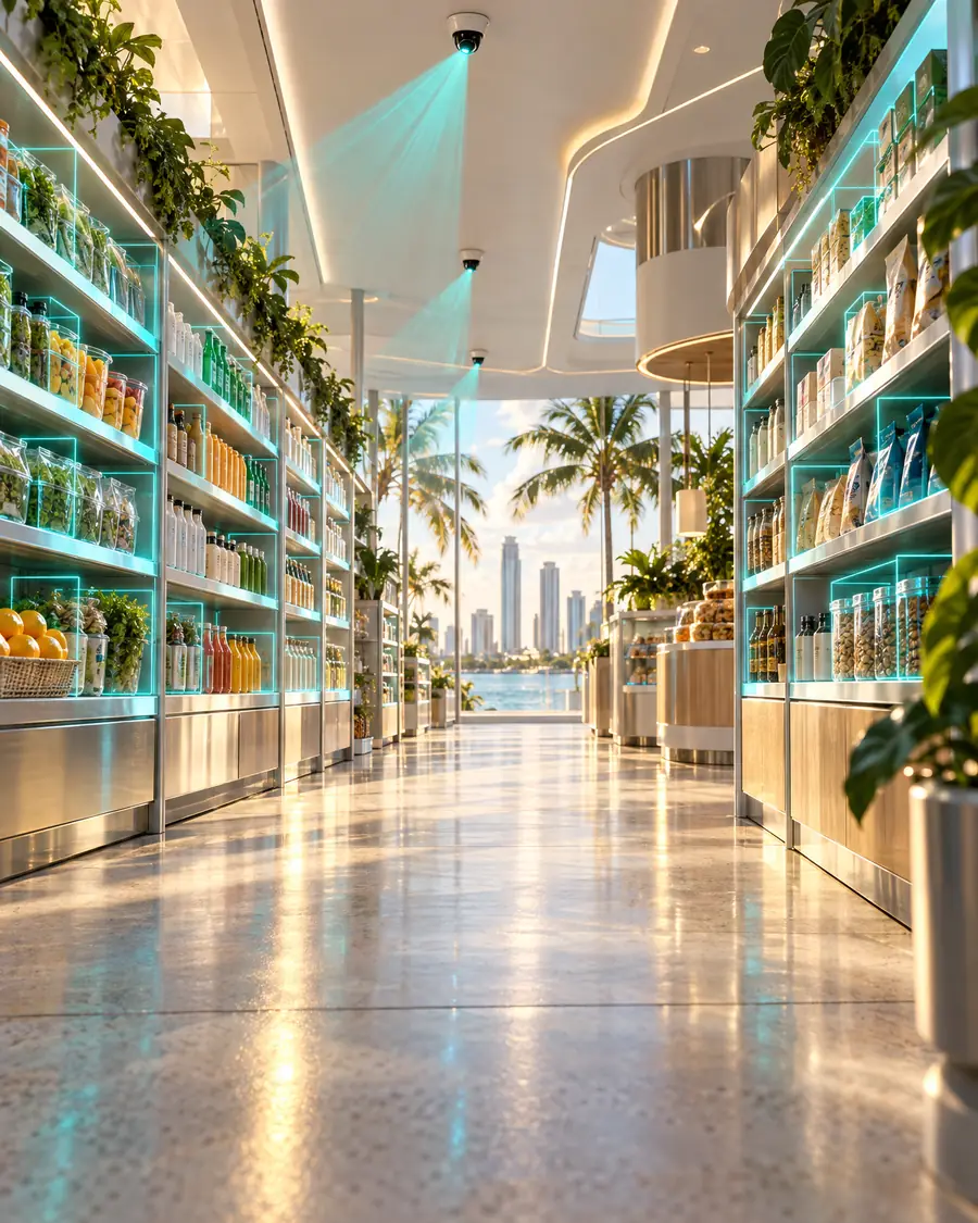 A store aisle scanned by soft beams of light from ceiling cameras