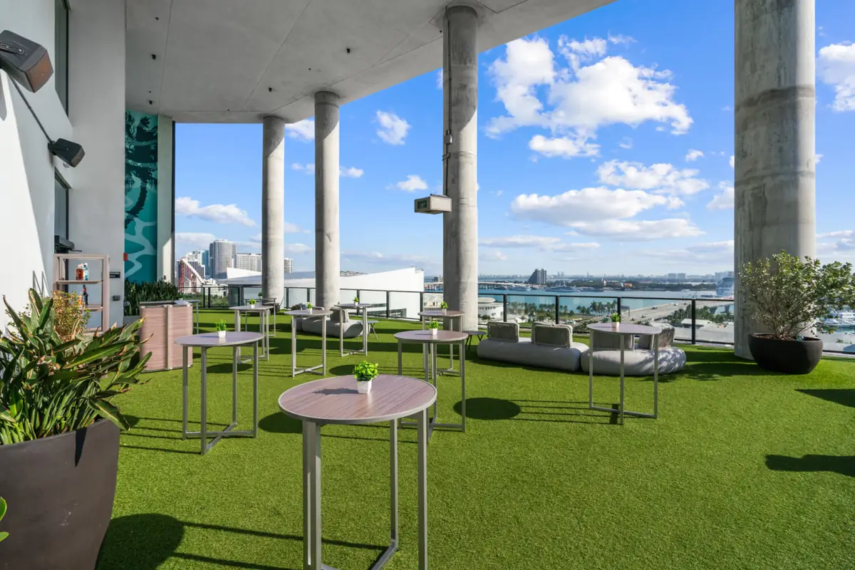 The Elser's lawn deck set for a reception, with downtown Miami behind it