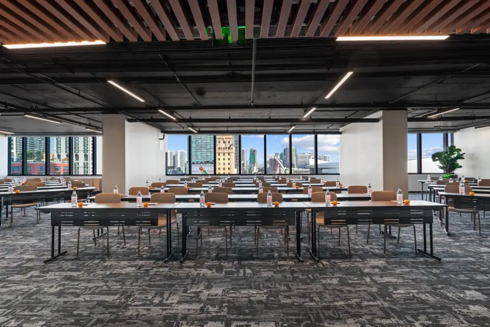 A meeting room at The Elser with floor-to-ceiling windows
